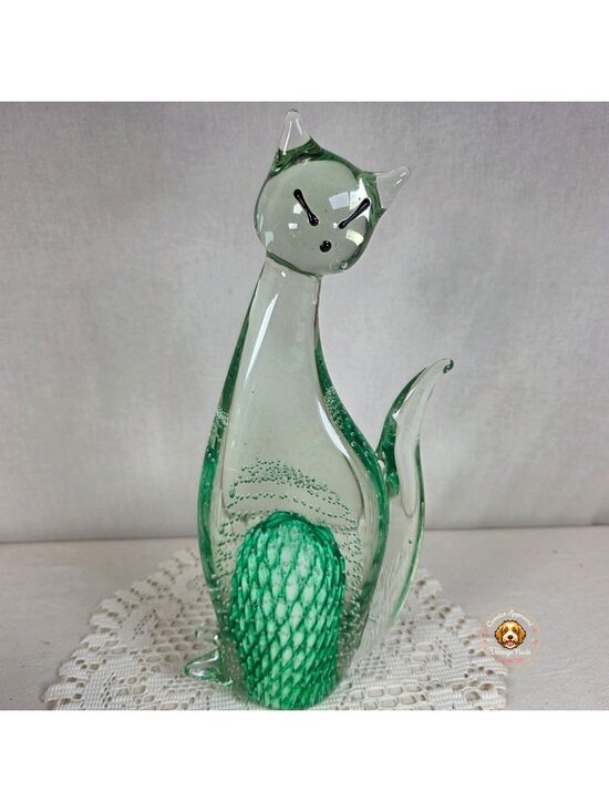 Other - Large Vintage Art Glass Cat Sculpture Green Controlled Bubble Latticino 12" Tall